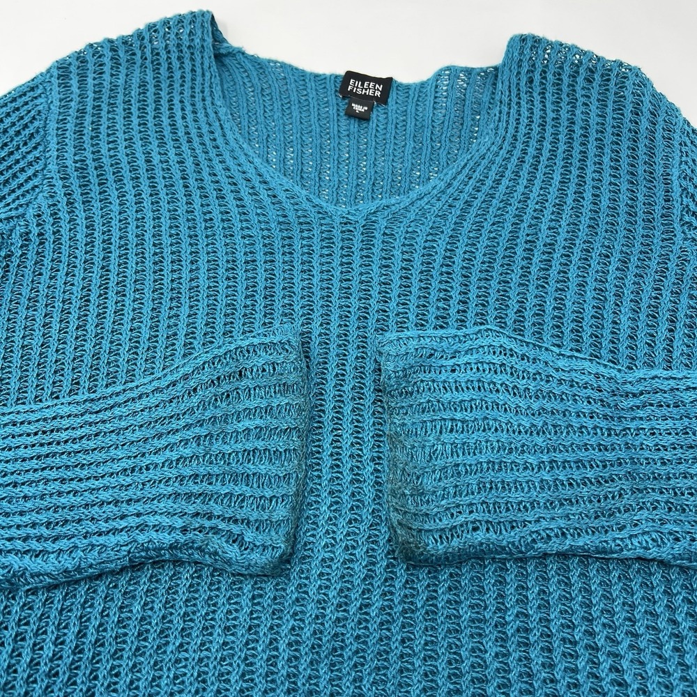 Eileen Fisher Open Knit Linen Sweater Blue Size Large Italian Yarn Long Sleeve - Picture 2 of 9